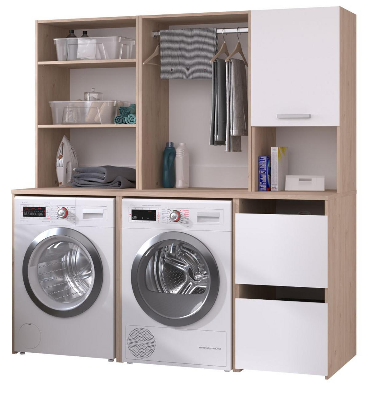 WASCHMASCHINENSCHRANK weiß, Eiche Jackson, Umbauschrank Set 3-teilig 175 cm mit viel Stauraum - Eichefarben/Silberfarben, Holzwerkstoff/Kunststoff (175/184/67cm) - Parisot Meuble