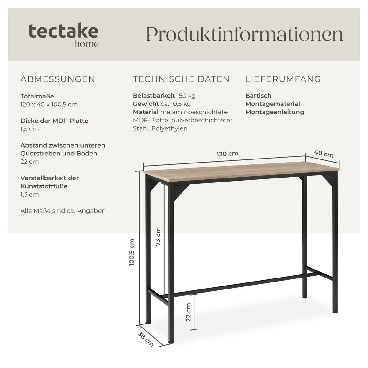 BARTISCH Kerry,120 x 40 x 100,5 cm,Industrial Holz hell, Eiche Sonoma - Naturfarben, Holz (40/100.5/120cm) - tectake