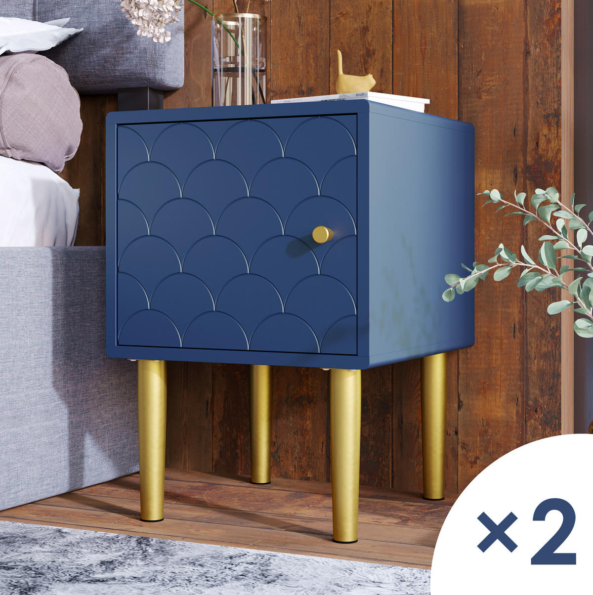 NACHTTISCH 35/51/35 cm Marineblau aus Holz 2er Set - Dunkelblau, Holz (35/51/35cm) - OKMYHOME