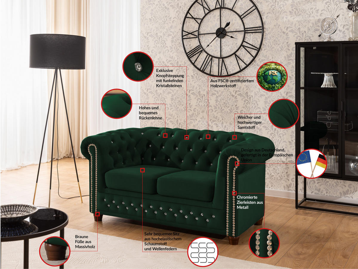 CHESTERFIELD-SOFA 2-sitzer Cleo Blink Flasche Grün Samt mit Kristallsteppung und braunen Massivholzfüßen - Braun/Grün, Holz/Textil (148/72/86cm) - S-Style Möbel