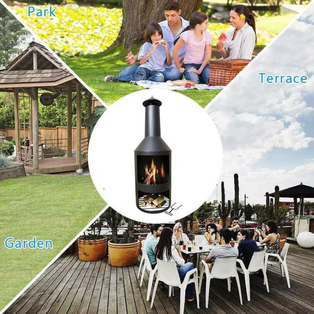 TERRASSENKAMIN – 502594 Gartenkamin 135 cm mit Funkenfluggitter, Schornstein & Schürhaken, Pulverbeschichtet, Hitzebeständig, Rostfrei, Stabiler Stand - Schwarz, Metall (45/135/45cm) - Resch