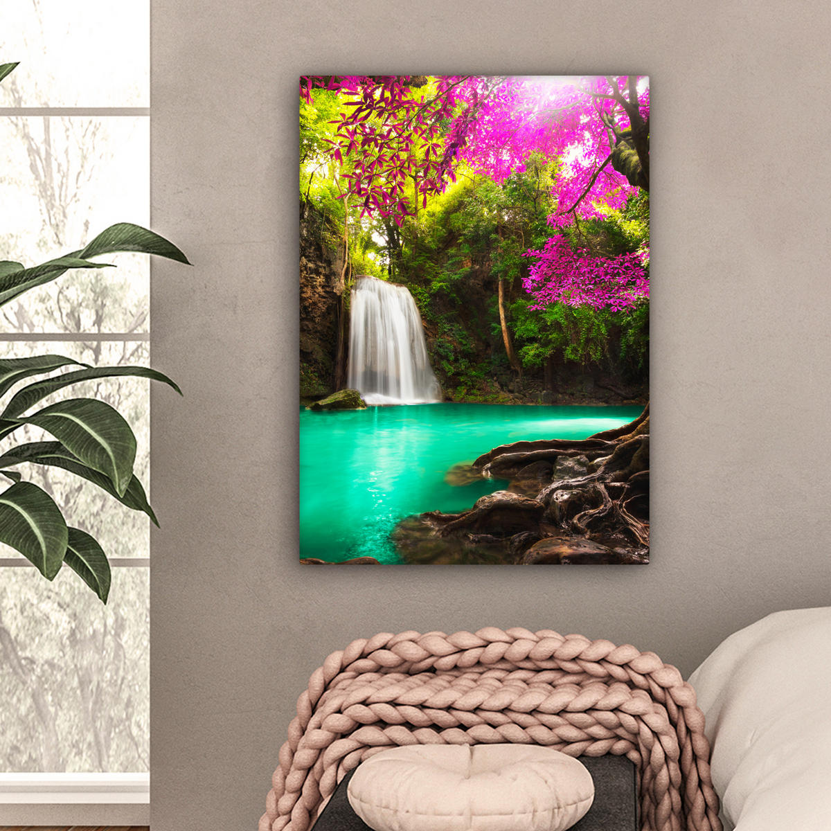 LEINWANDBILD Wasserfall mit bunten Blumen und Bäumen - Natur - Dschungel 60x80 cm - Waldgrün, Textil (60/80cm) - MuchoWow