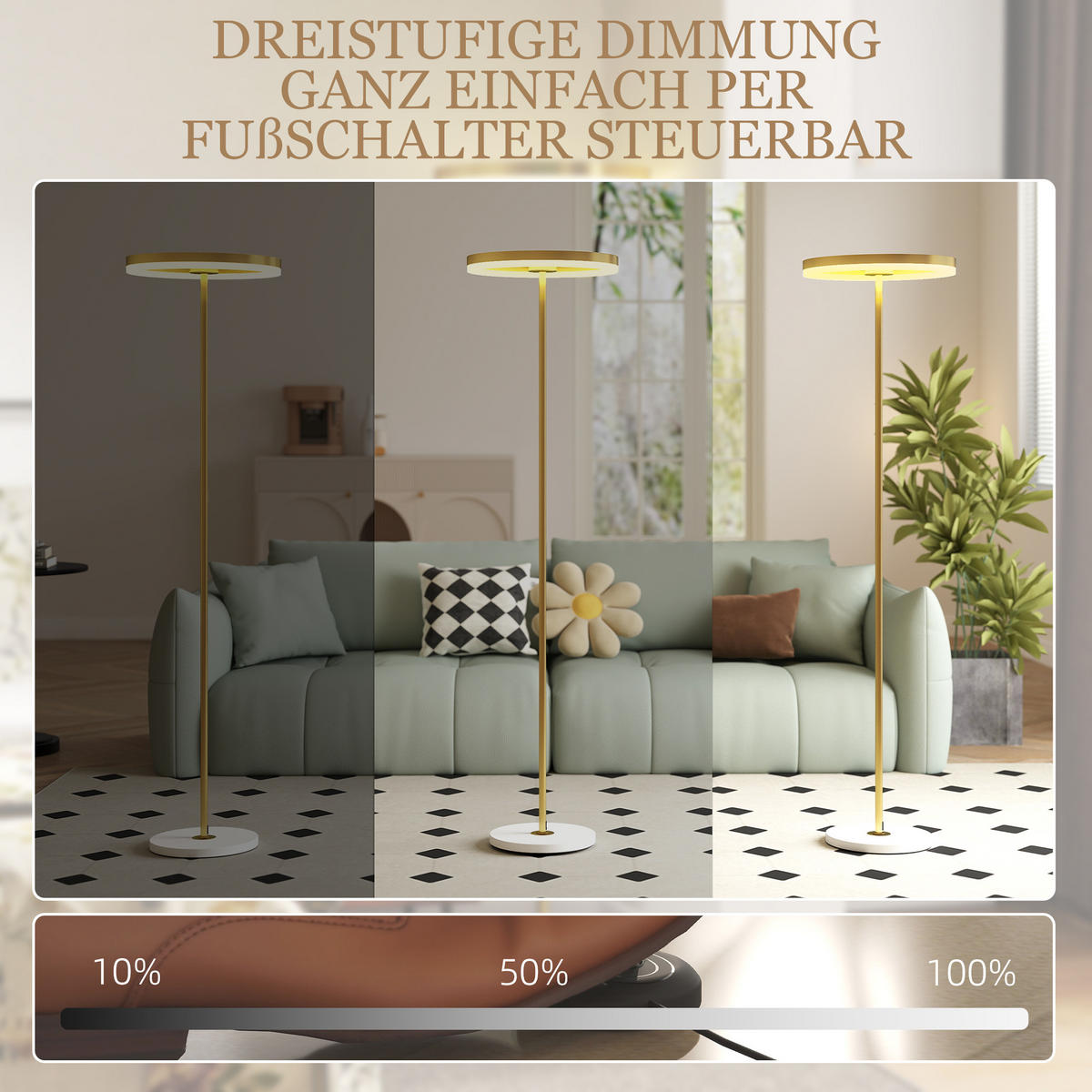 STEHLAMPE LED Wohnzimmer Dimmbar Stehleuchte mit 3 Lichtfarben, Fußschalter - Gelb, Metall (40/40/157.5cm) - HOMCOM
