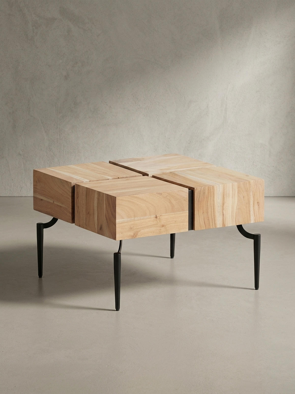 COUCHTISCH Massivholz Quadratisch Metallgestell Würfel-Form Modern, Akazie 60x60x40 cm - Schwarz/Akaziefarben, Holz/Metall (60/60/40cm) - KADIMA DESIGN