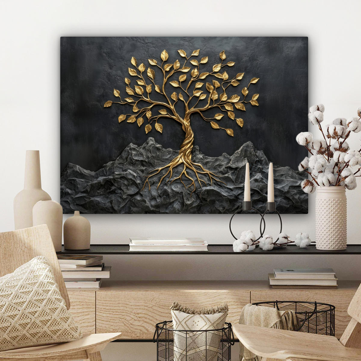 LEINWANDBILD Blätter - Gold - Baum - Fels Wandbilder 80x60 cm - Schwarz, Textil (80/60cm) - MuchoWow