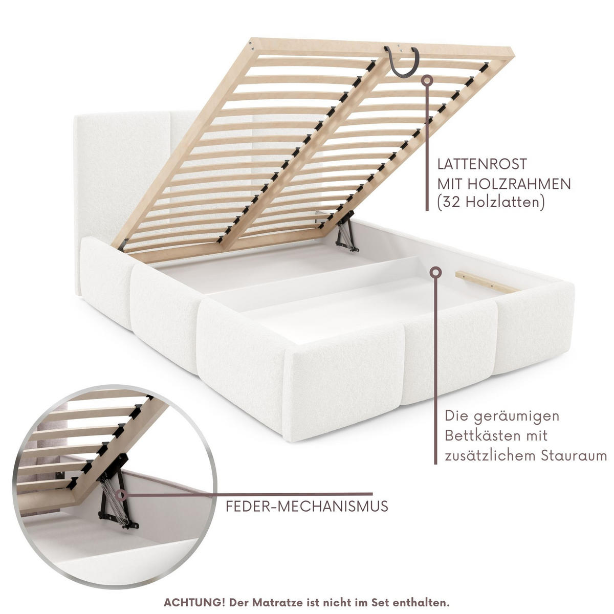 POLSTERBETT VALERIO mit Bettkasten, Bett 180x200,Doppelbett,Lattenrost,Boxspringbett-Optik,ohne Matratze,Schlafzimmer-Weiß - Weiß, Holz (180/200cm) - Furnistar