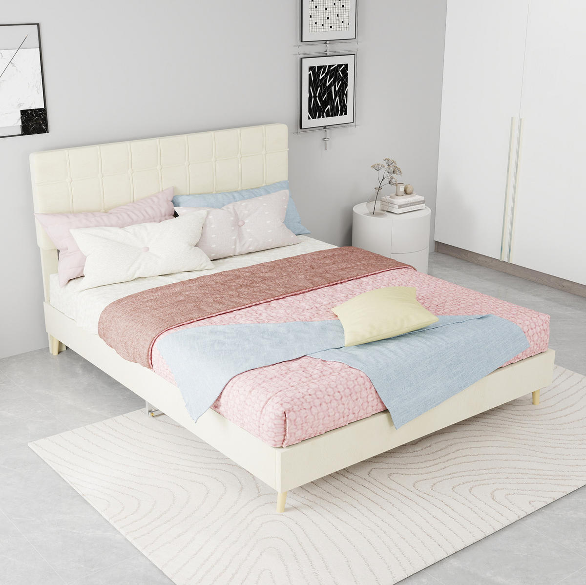 POLSTERBETT 140/200 cm in Beige aus Samt mit gepolstertem Kopfteil - Beige, Textil (140/200cm) - Flora Grace