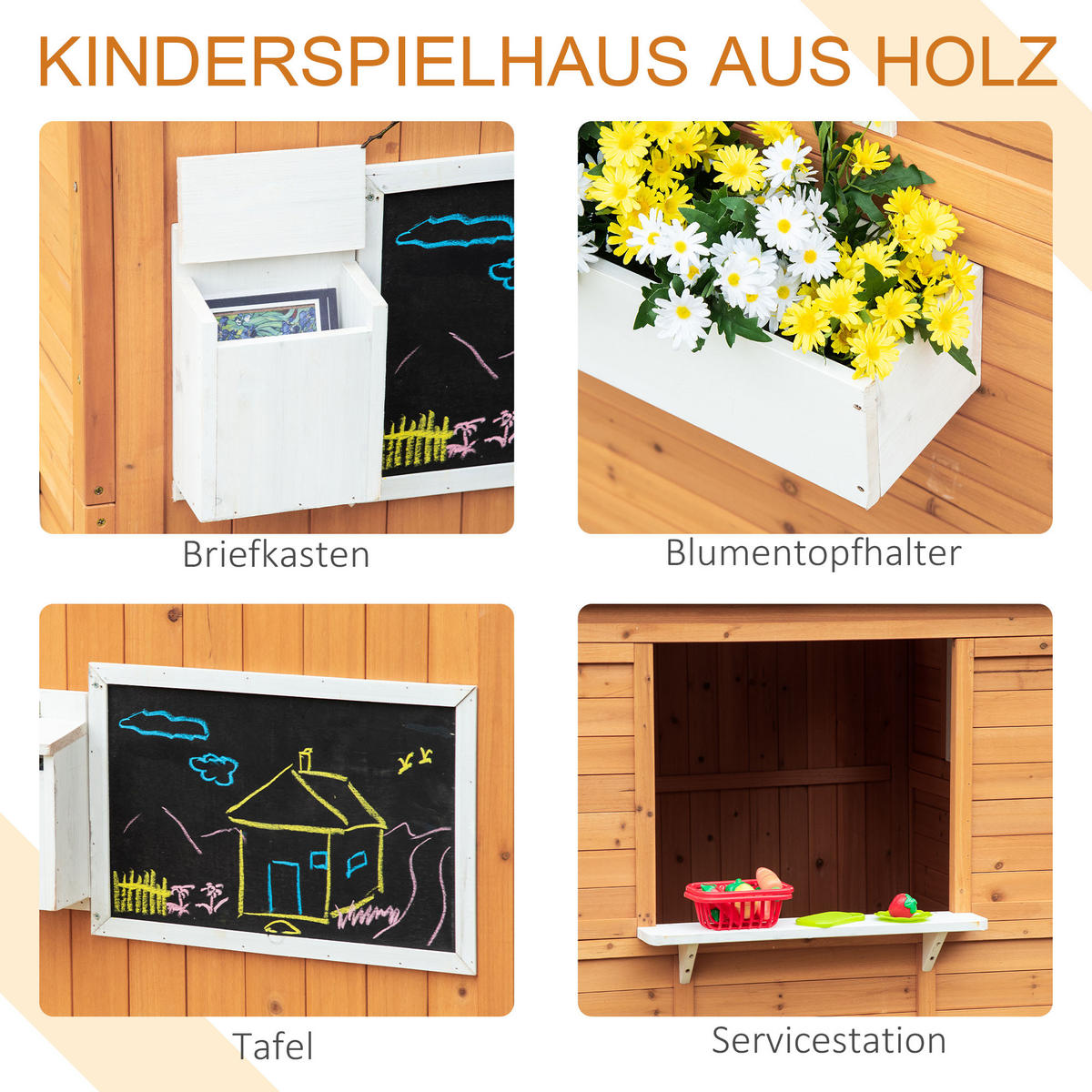 SPIELHAUS für Kinder Holz Kinderspielhaus mit Fenster Briefkasten Blumentopfrack - Naturfarben, Holz (108/135.5/122cm) - Outsunny