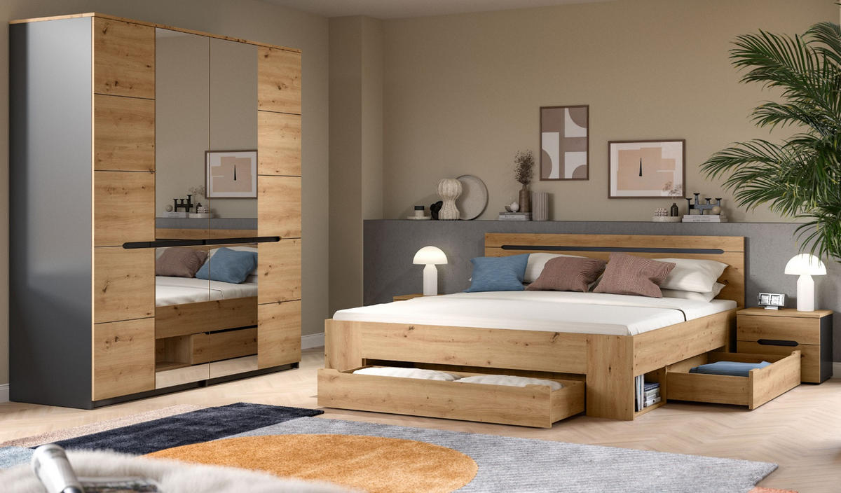 SCHLAFZIMMER Set 4-teilig Eiche Artisan, grau, Komplettset mit Kleiderschrank, Bett und 2x Nachttisch - Eiche Artisan/Grau, Glas/Holzwerkstoff - Inn.Furn