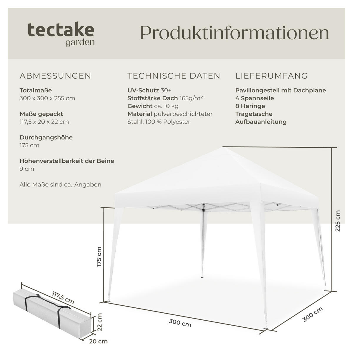 PAVILLON Linosa,inklusive Spannseile, Heringe und Tragetasche,weiß - Weiß, Kunststoff (300/255/300cm) - tectake