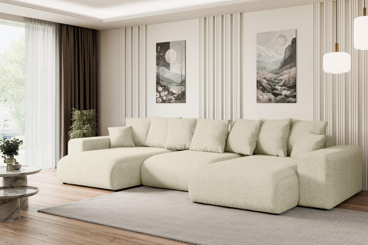 WOHNLANDSCHAFT mit Schlaffunktion und Bettkasten ESKAR-U -352x165x84cm Beige Bouclé - Beige/Schwarz, Holzwerkstoff/Kunststoff (352/84/165cm) - ALTDECOR