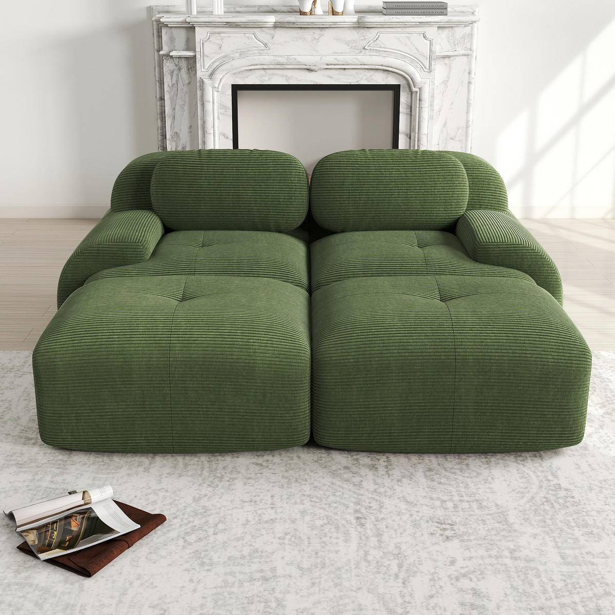 2-SITZER-SOFA aus Cord Grün modular, rahmenlos mit ergonomischen Armlehnen und rutschfester Unterseite - Grün, Textil (208/75/178cm) - Modfu