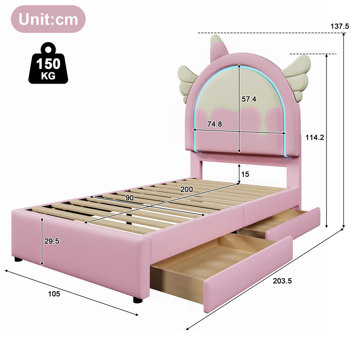 POLSTERBETT mit Leuchtleiste und 2 Schubladen 90x200 cm PU Pink - Pink, Holz (90/200cm) - Meubliv