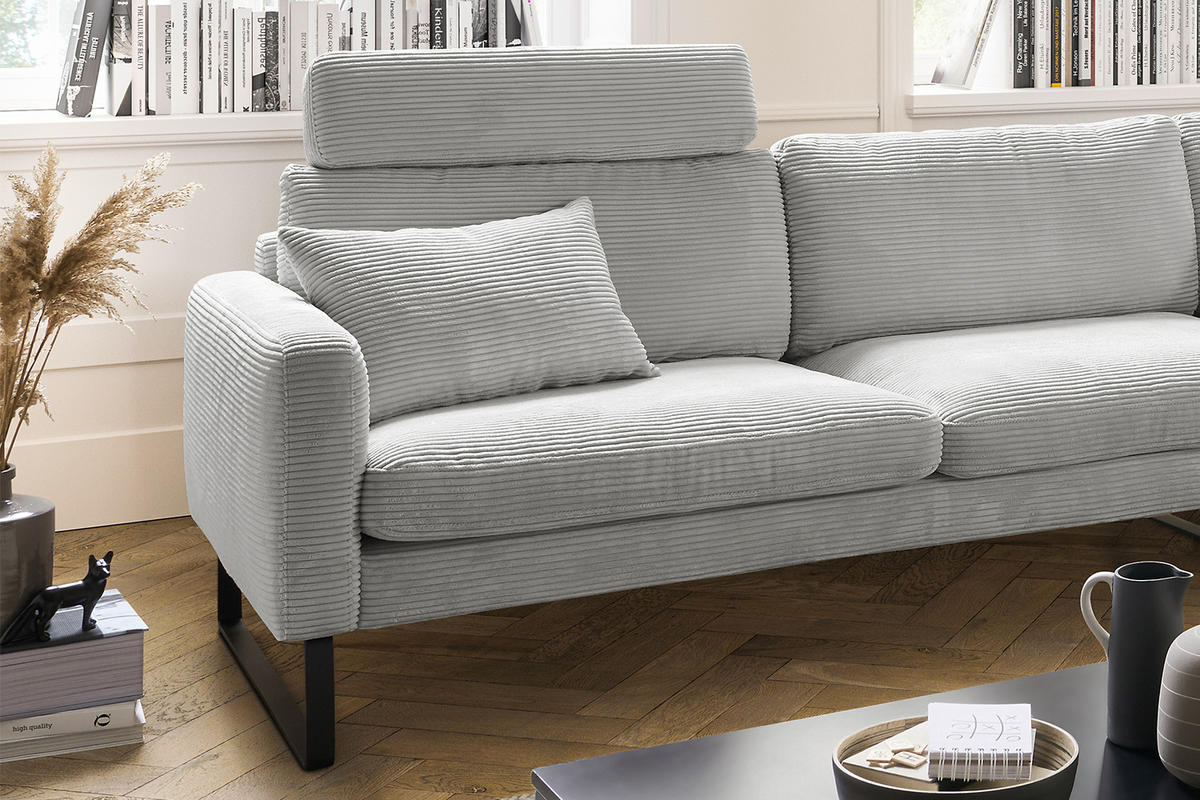 ECKSOFA RICARDA Hellgrau Cord - Hellgrau/Schwarz, Textil/Metall (298/154cm) - KAWOLA
