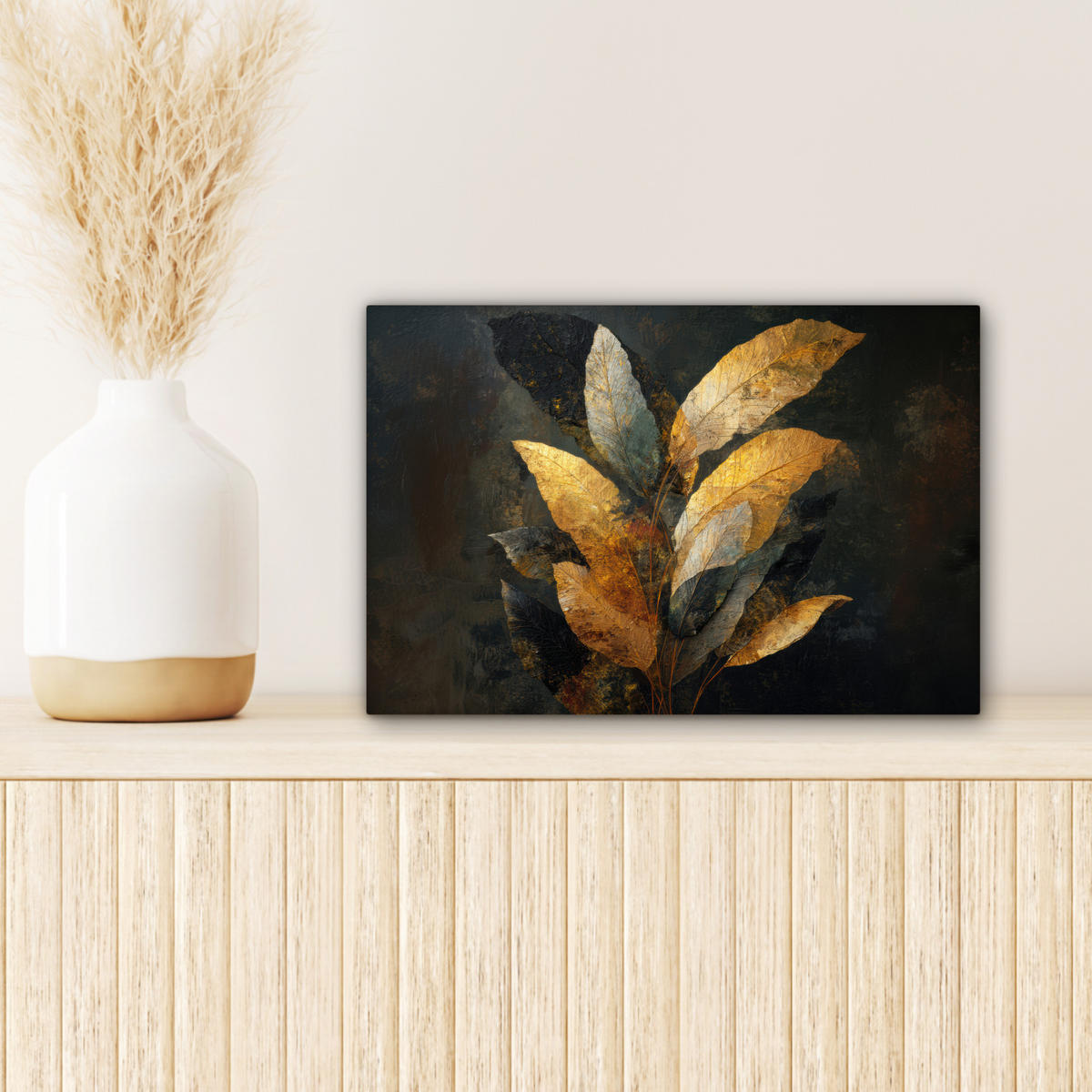 LEINWANDBILD Golden Leaf Komposition - Botanical Luxury Deko Schlafzimmer 30x20 cm - Goldfarben/Schwarz, Textil (30/20cm) - MuchoWow