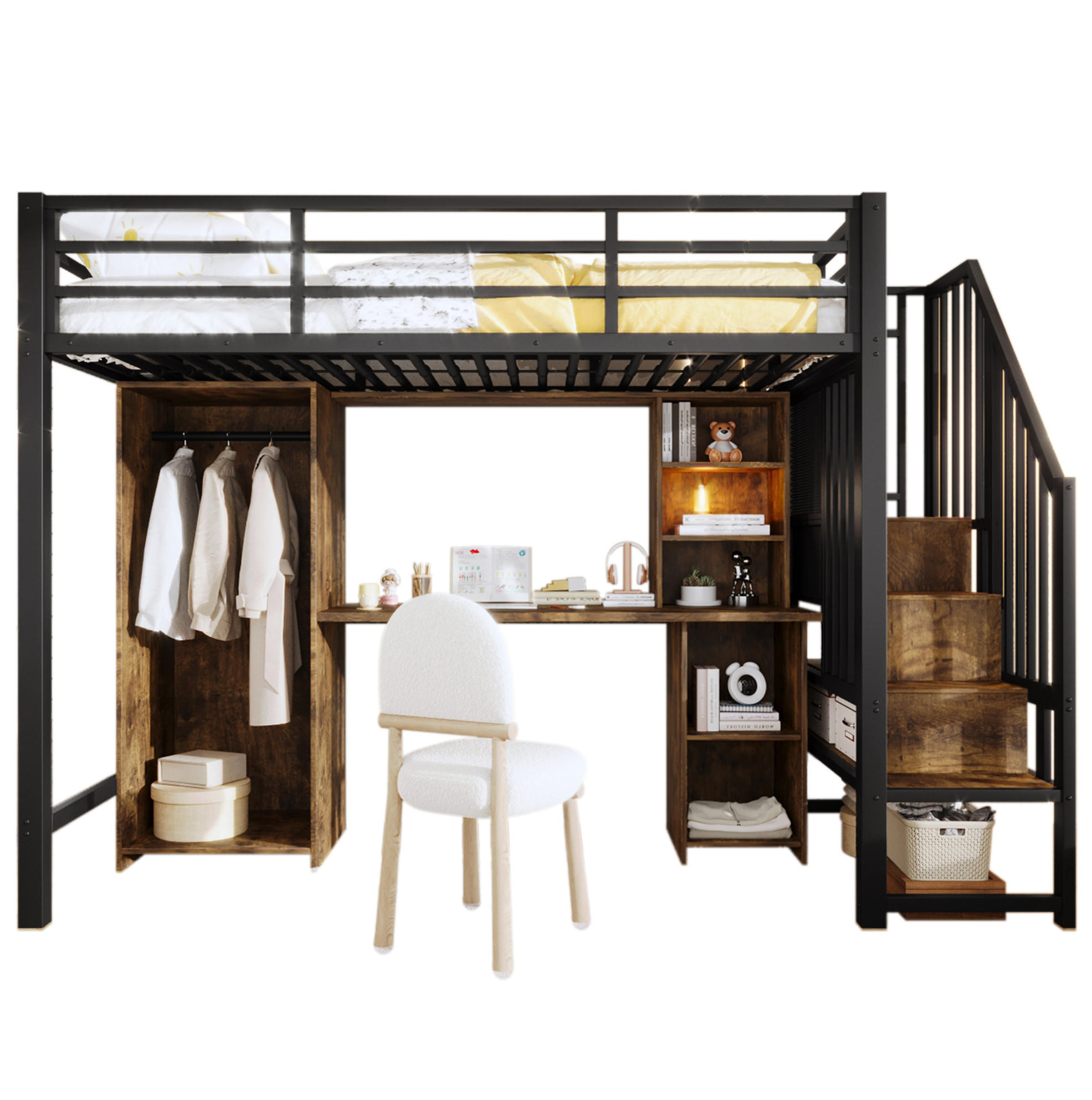 HOCHBETT 90/200 cm in Schwarz mit Kleiderschrank, Schreibtisch und Stauraum - Schwarz, Metall (90/200cm) - Flora Grace