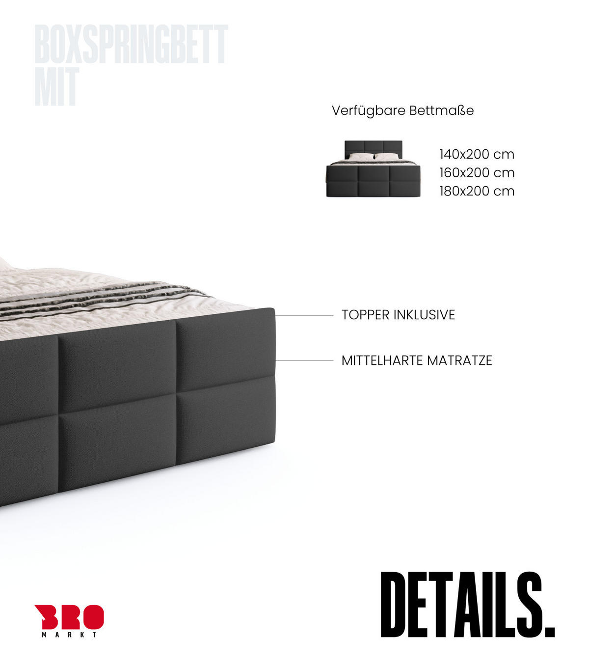 BOXSPRINGBETT Boston Duo Mit Bettkasten, Topper und Matratze Graphit Cosmic 101 160x200 cm - Graphitfarben/Schwarz, Textil (160/200cm) - Bromarkt