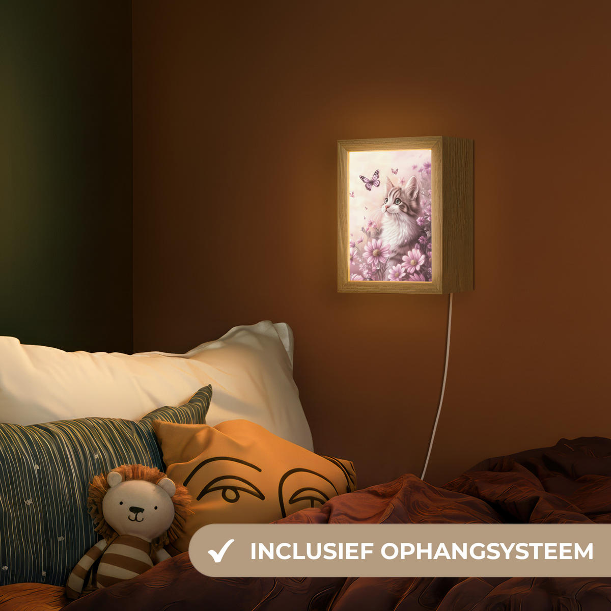 NOČNÁ LAMPA Mačiatko - Kvety - Motýle - Fialová 15x20 cm - staroružová, kompozitné drevo (8/15/20cm) - OnlyWow