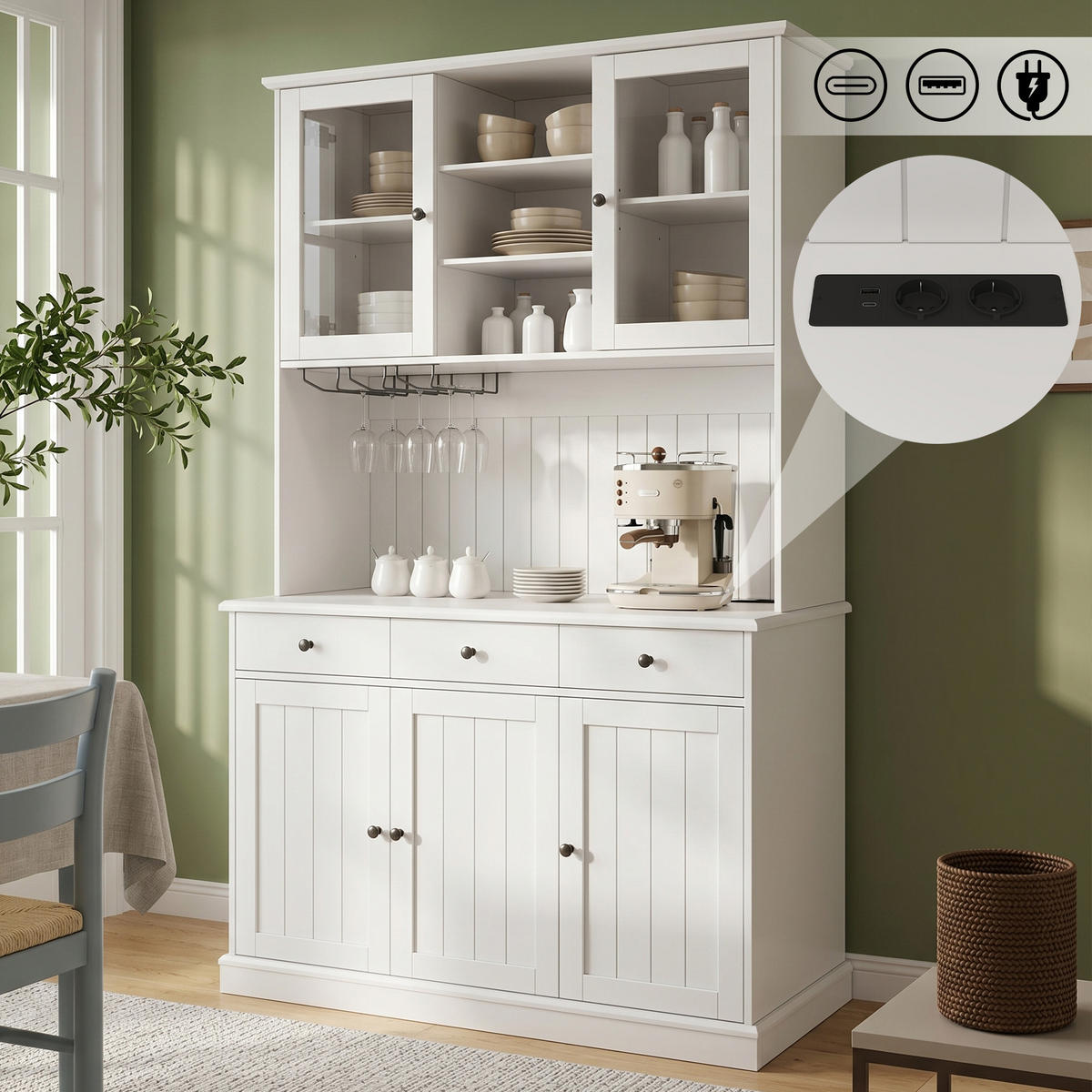 BUFFETSCHRANK 120x40x191 cm, Glastüren, Gläserhalter, 2 Steckdosen, USB-A/USB-C-Anschlüsse, Weiß - Weiß, Holzwerkstoff (120/191/40cm) - FOHERE