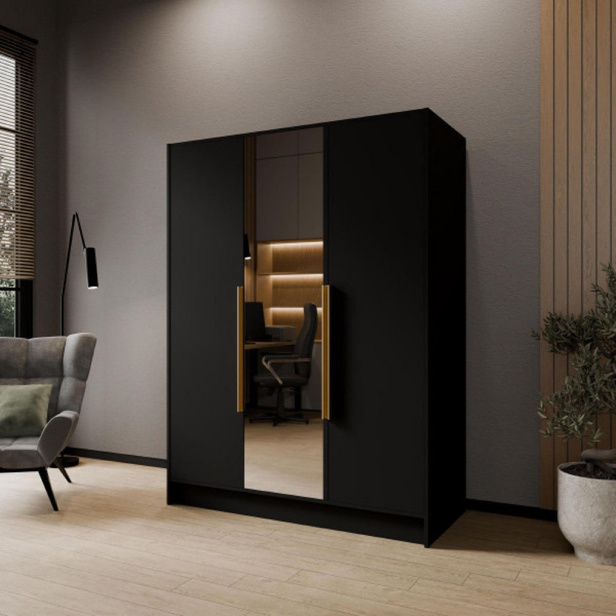 SCHRANK Schwarz LUSO Mit Spiegel Und Goldenen Griffen 150 g - Goldfarben/Schwarz, Holzwerkstoff (150/200/51cm) - Sepro Meble