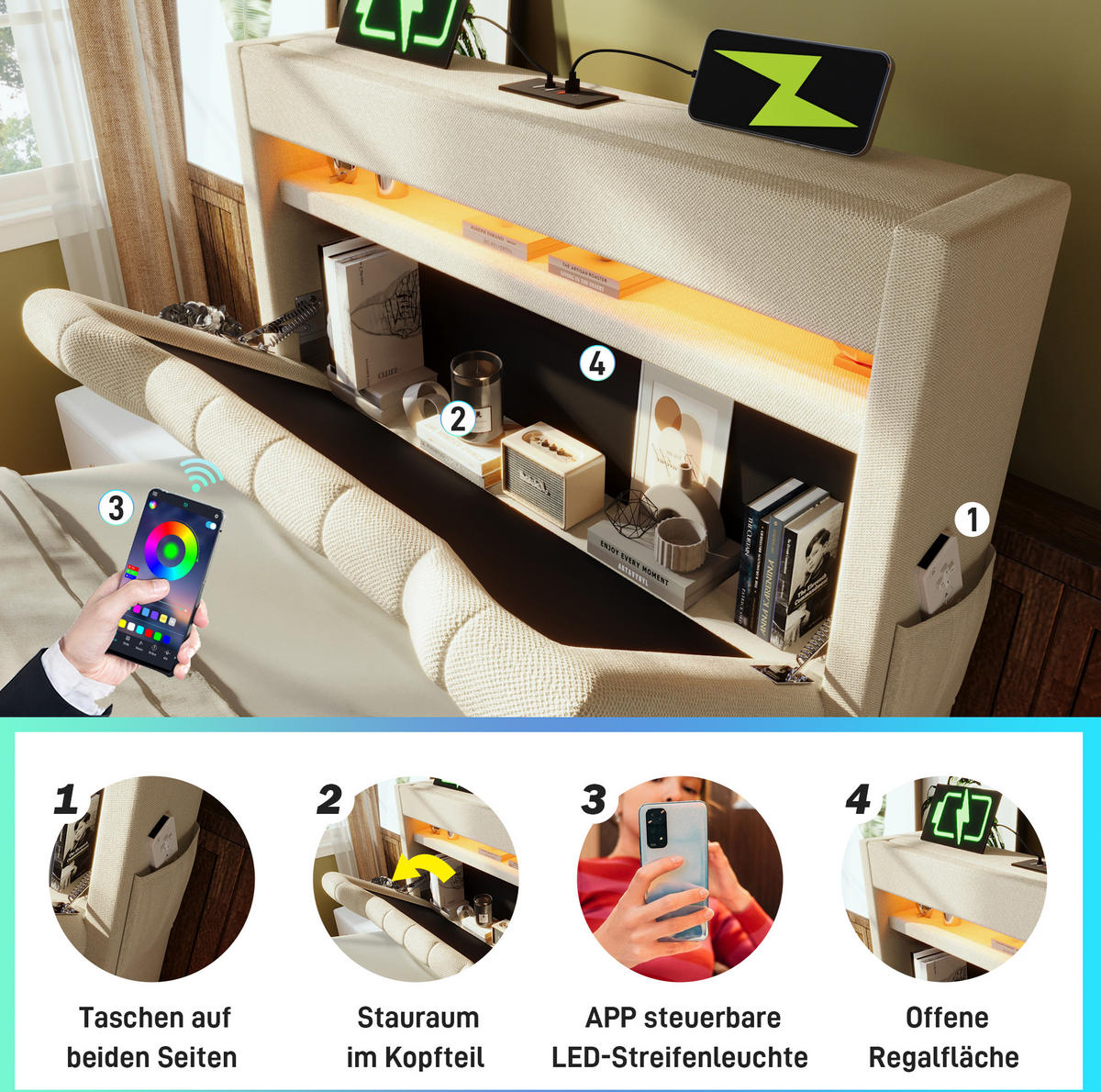 POLSTERBETT aus Leinen 90x200 cm Beige mit LED-Beleuchtung, USB-C-Anschluss und hydraulischem Stauraum - Beige, Textil (90/200cm) - IVMEU