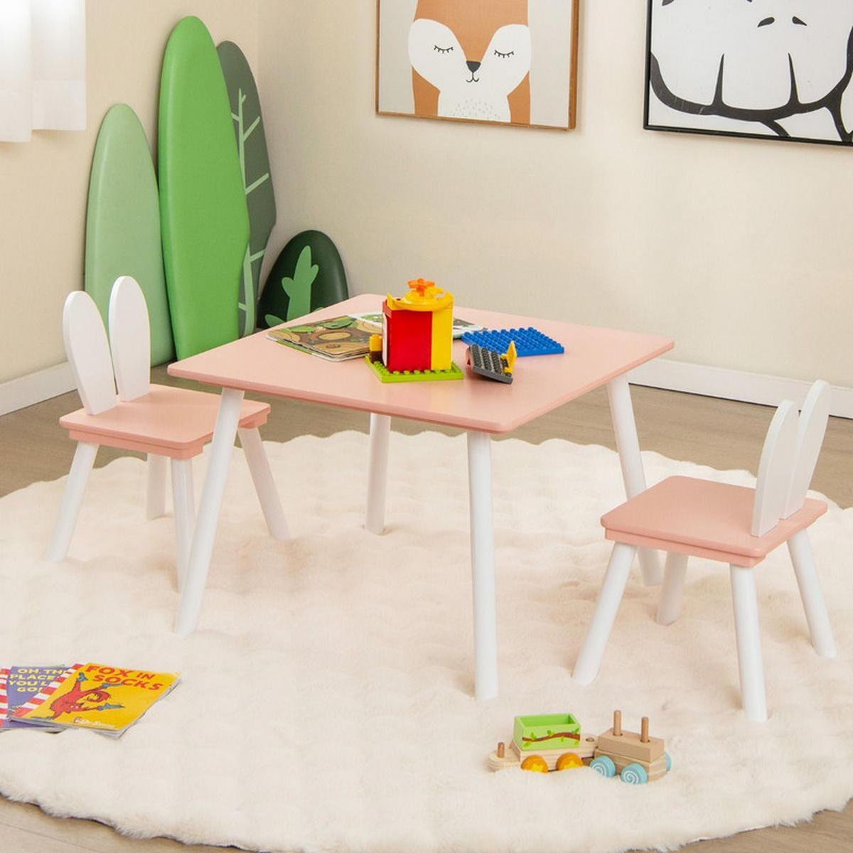 KINDERTISCH mit 2 Stühlen rosa(3-tlg) - Pink, Holzwerkstoff (62/43/62cm) - COSTWAY