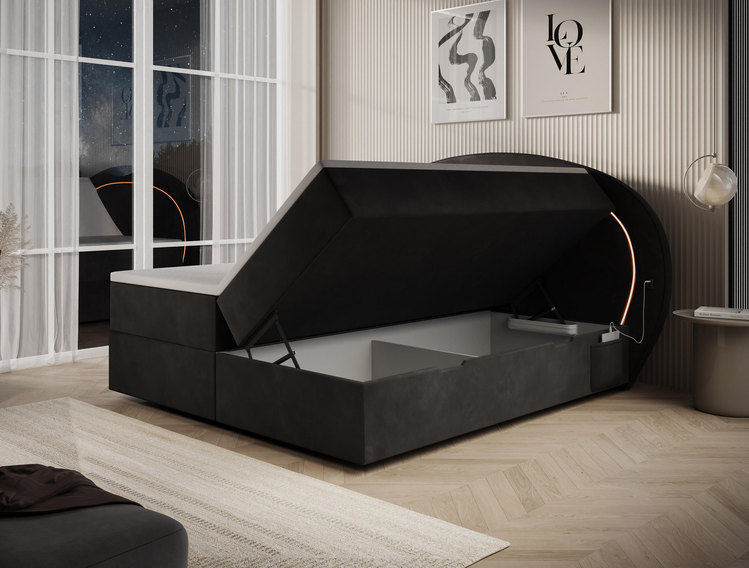 BOXBETT Nova 1 schwarz 200/200 cm mit LED H3 - Schwarz, Textil (200/200cm) - wonello