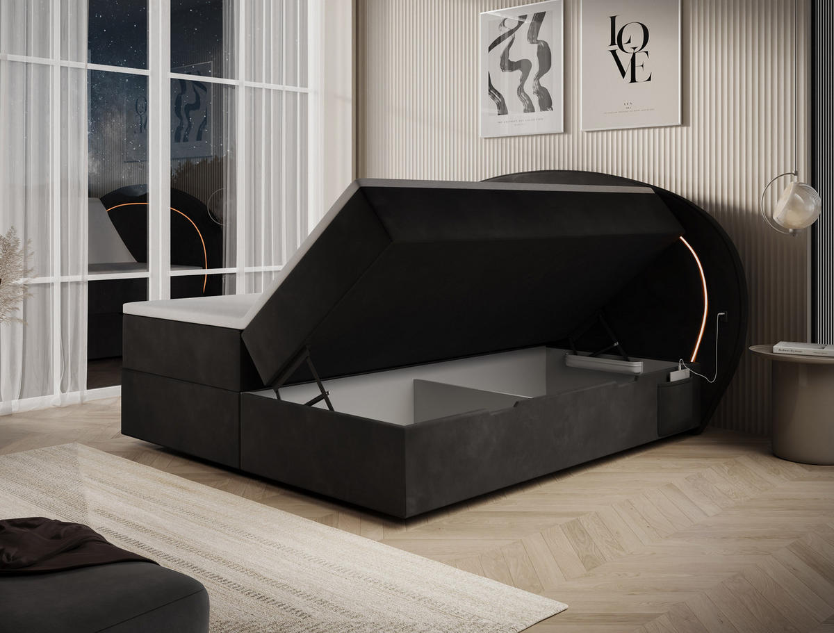 BOXBETT Nova 1 schwarz 180/200 cm mit LED H3 - Schwarz, Textil (180/200cm) - wonello