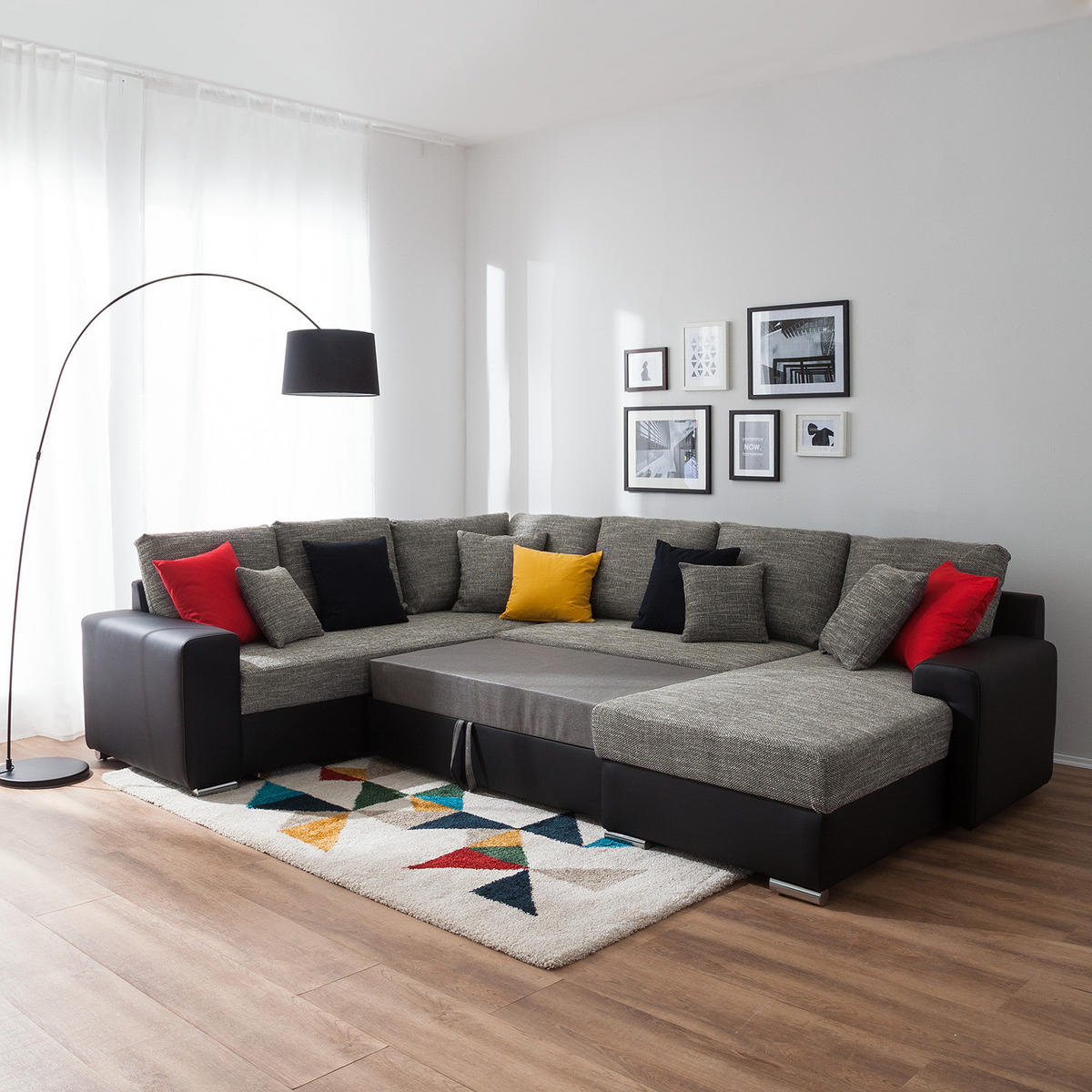 WOHNLANDSCHAFT mit Schlaffunktion - Longchair, Kunstleder / Strukturstoff - Grau, Kunststoff (300/87/235cm) - home24