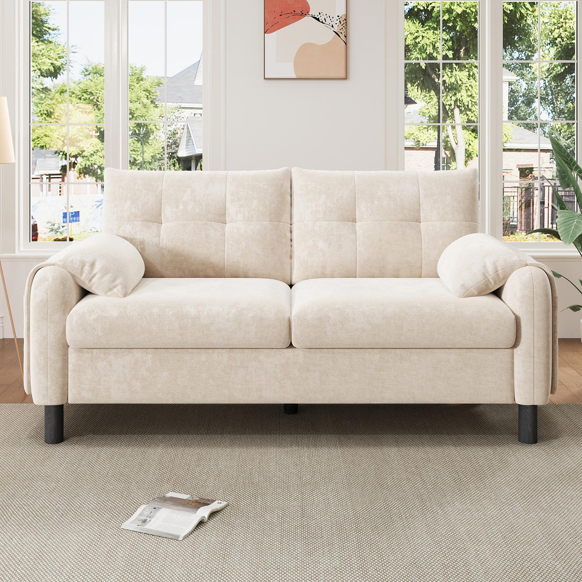2-SITZER Sofa Chenille mit Seitentaschen und 2 Kissen 158/80/88,5 cm Beige - Beige, Textil (80/88.5/158cm) - Redom