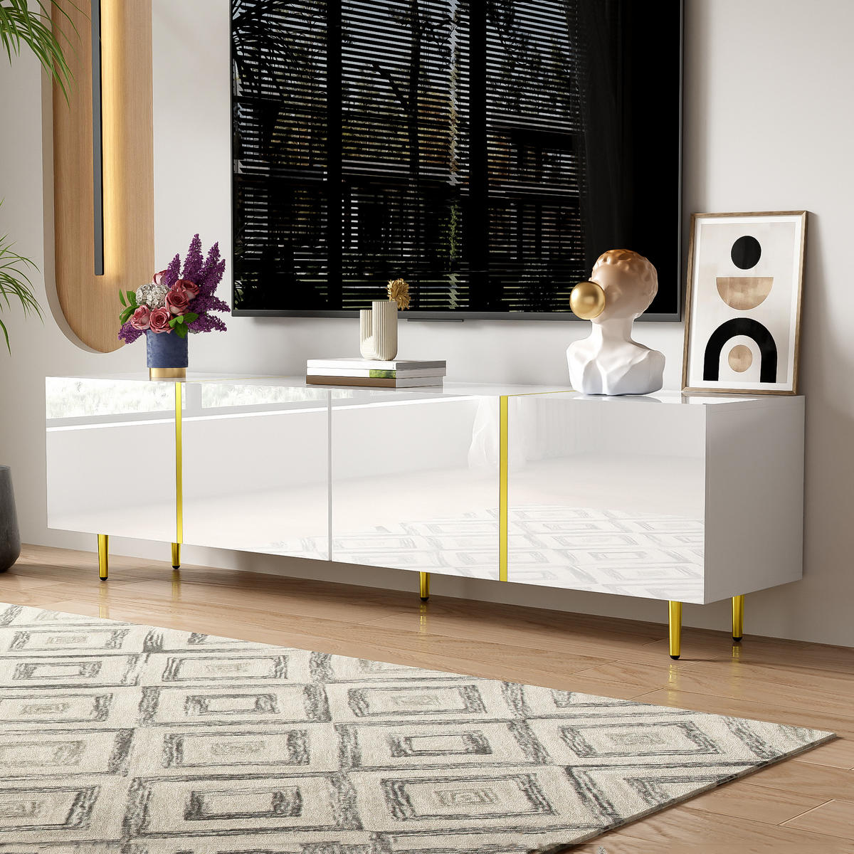 LOWBOARD in Weiß und Gold Hochglanz-TV-Schrank mit 4 Türen für Wohnzimmer, B170/T35/H46 cm - Goldfarben/Weiß, Holzwerkstoff/Metall (170/46/35cm) - STILVORA