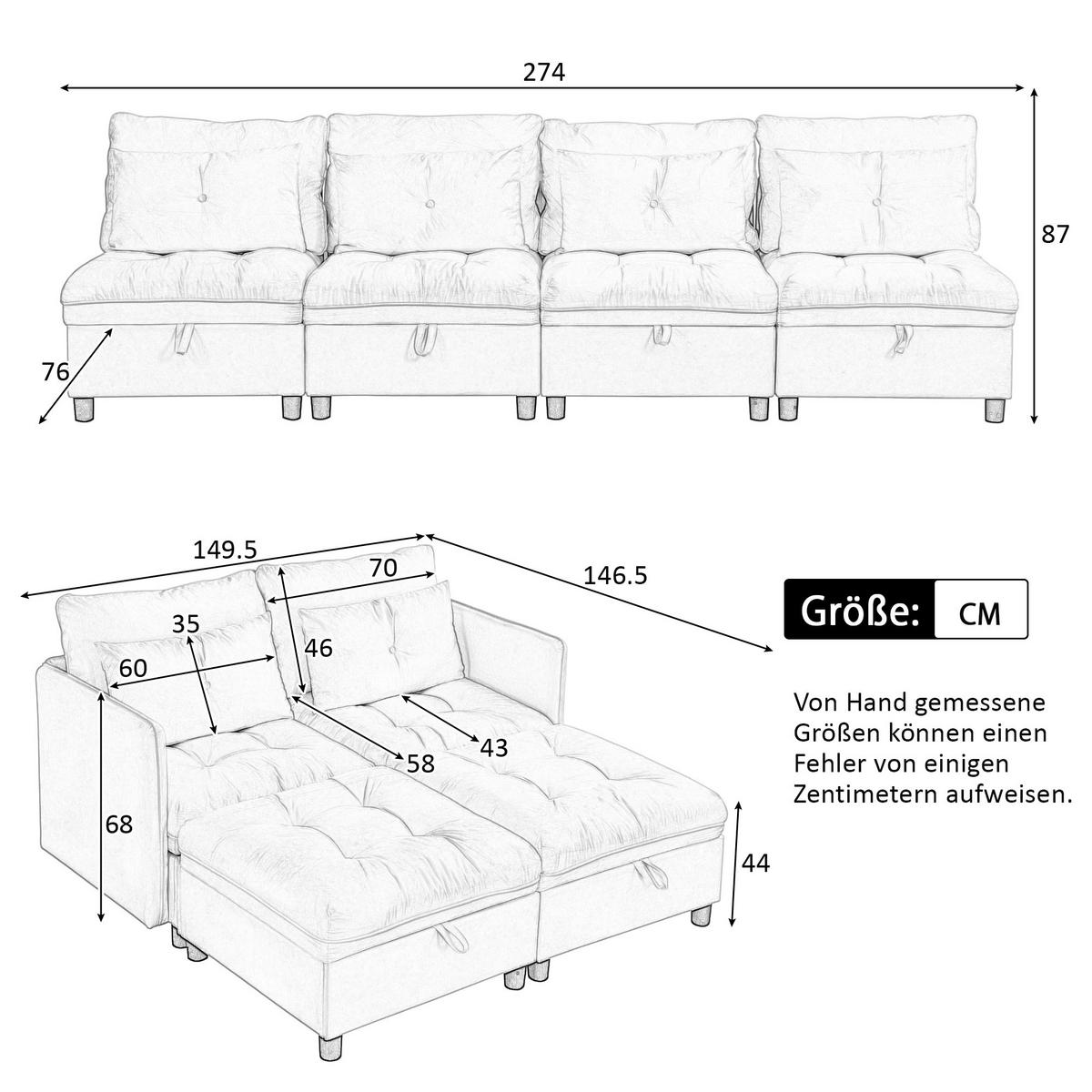 SOFA 4-Sitzer modulare Kombination mit Schlaffunktion Chenille Beige - Beige, Kunststoff (274/87/76cm) - OKWISH
