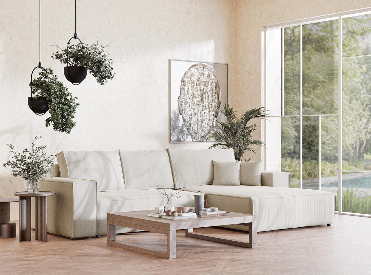 ECKSOFA Maze Hellbeige Webstoff - Rechts Seite - Creme/Schwarz, Holz/Holzwerkstoff (294/185cm) - Maison de Reve