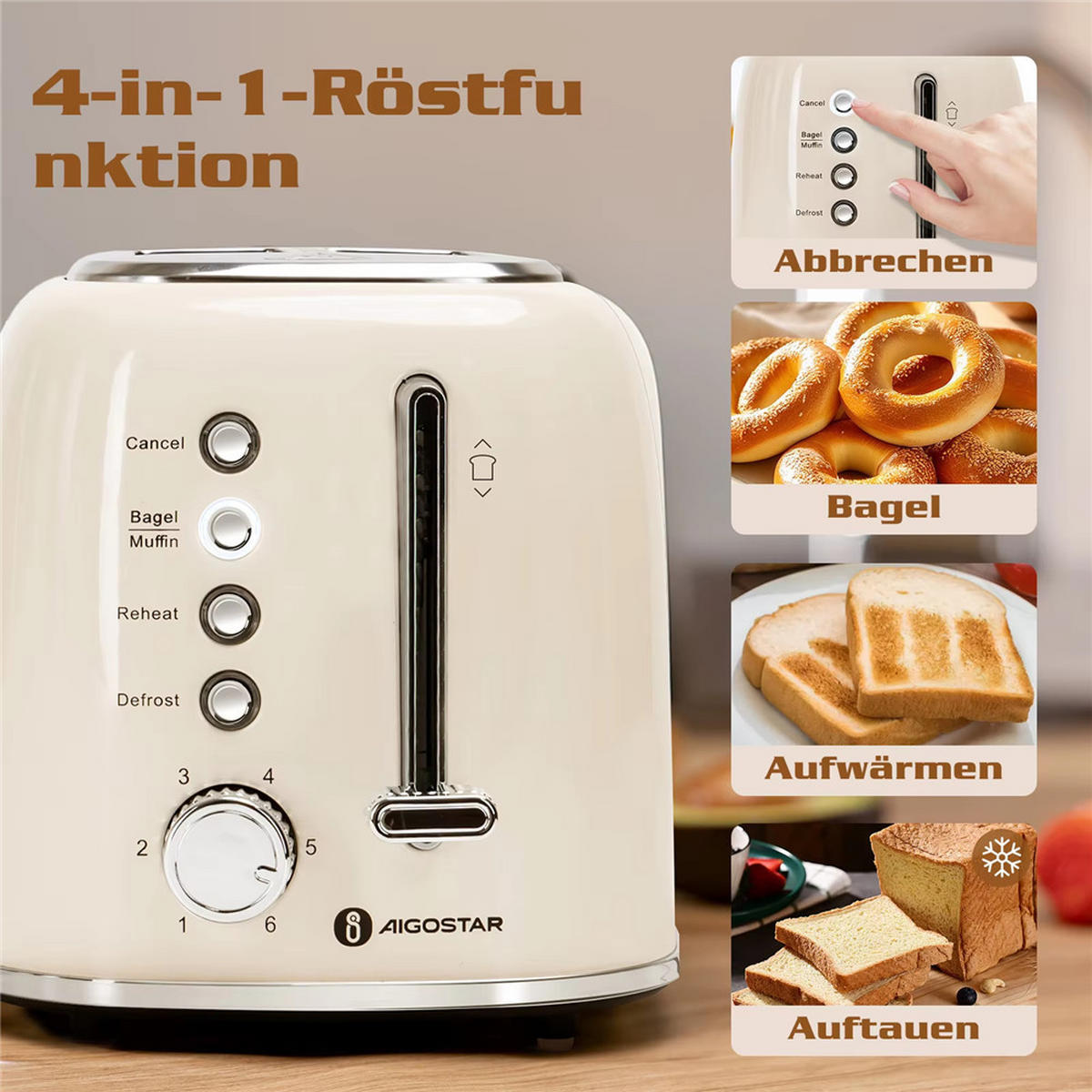 TOASTER 2 Scheiben 6 Stufen Liftfunktion 800W Edelstahl - Beige, Metall (15.5/18/24cm) - Kaket