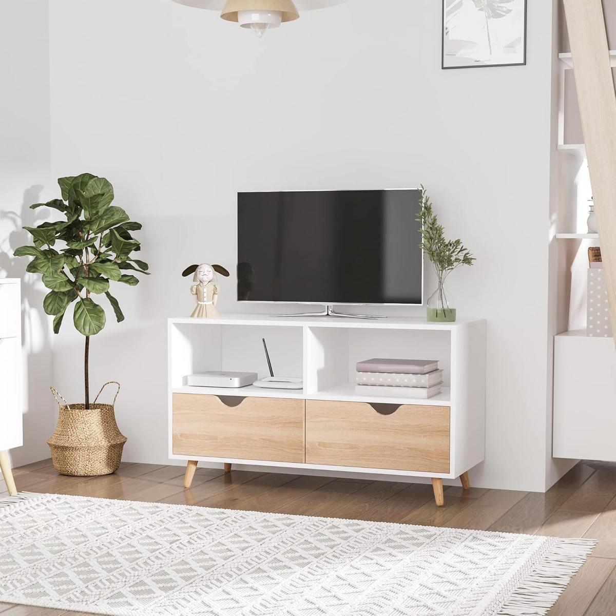 TV Lowboard 2 Schubladen, Eiche Weiß - Weiß, Holz (99/58/39cm)