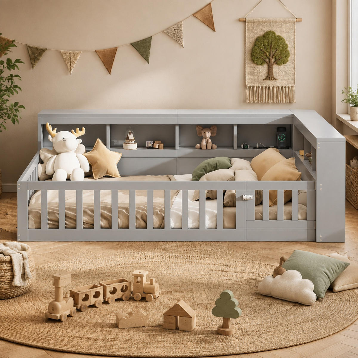 BETT 140/200 mit Staufach, Steckdose und USB in Grau - Grau, Holzwerkstoff (140/200cm) - EVRYAE