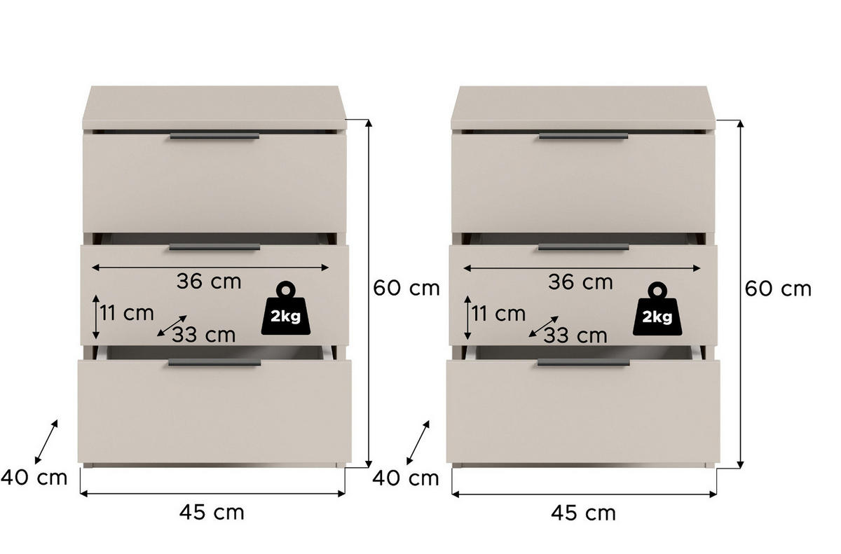 NACHTTISCH-SET kaschmir 45 x 60 cm, 2x Nachtkommode in Komforthöhe - Kaschmir/Schwarz, Holzwerkstoff/Kunststoff (45/60/40cm) - Inn.Furn