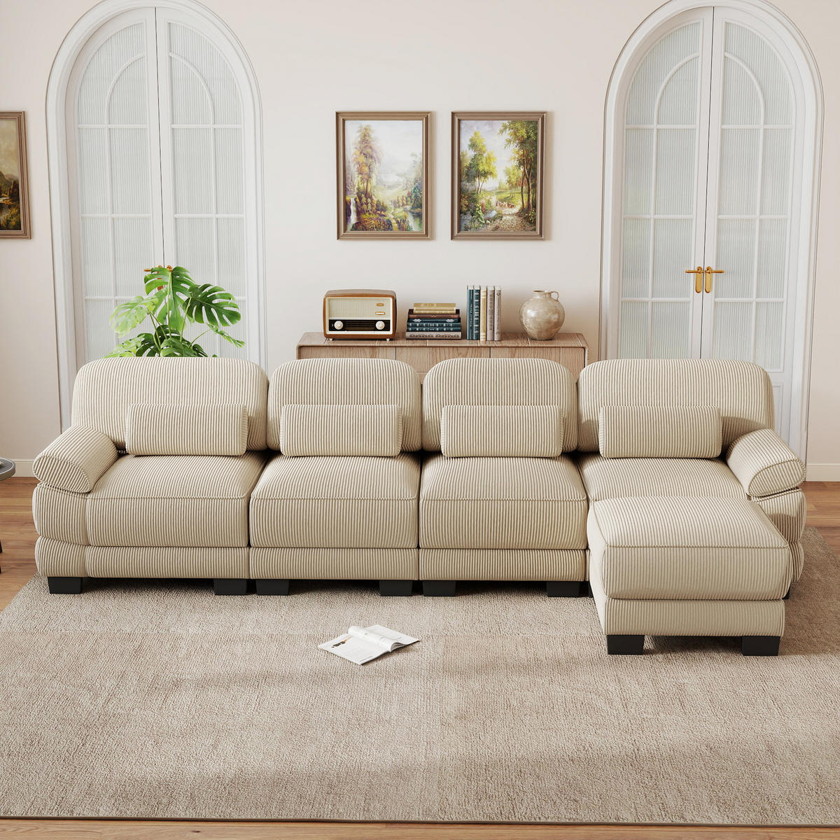 ECKSOFA 4-Sitzer L-Form mit Hocker, DE-42659, Beige - Beige, Holz (336/161cm) - ComfortXL
