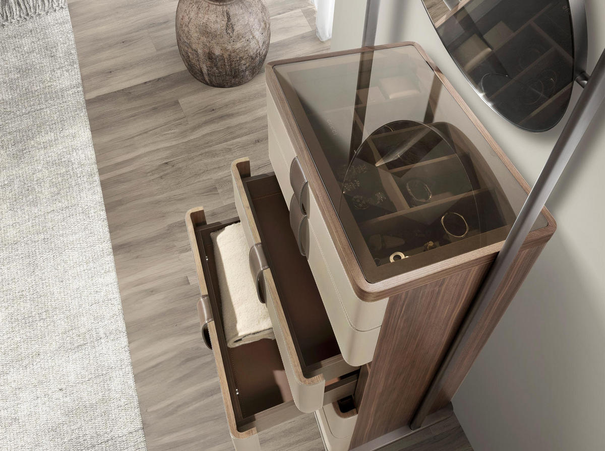 HIGHBOARD Chiffonier Leder, Nussbaum, grauer Stahl und braune Rauchglasplatte mit Spiegel 75/45/185 cm - Silberfarben/Multicolor, Leder/Glas (75/185/45cm) - ANGEL CERDA