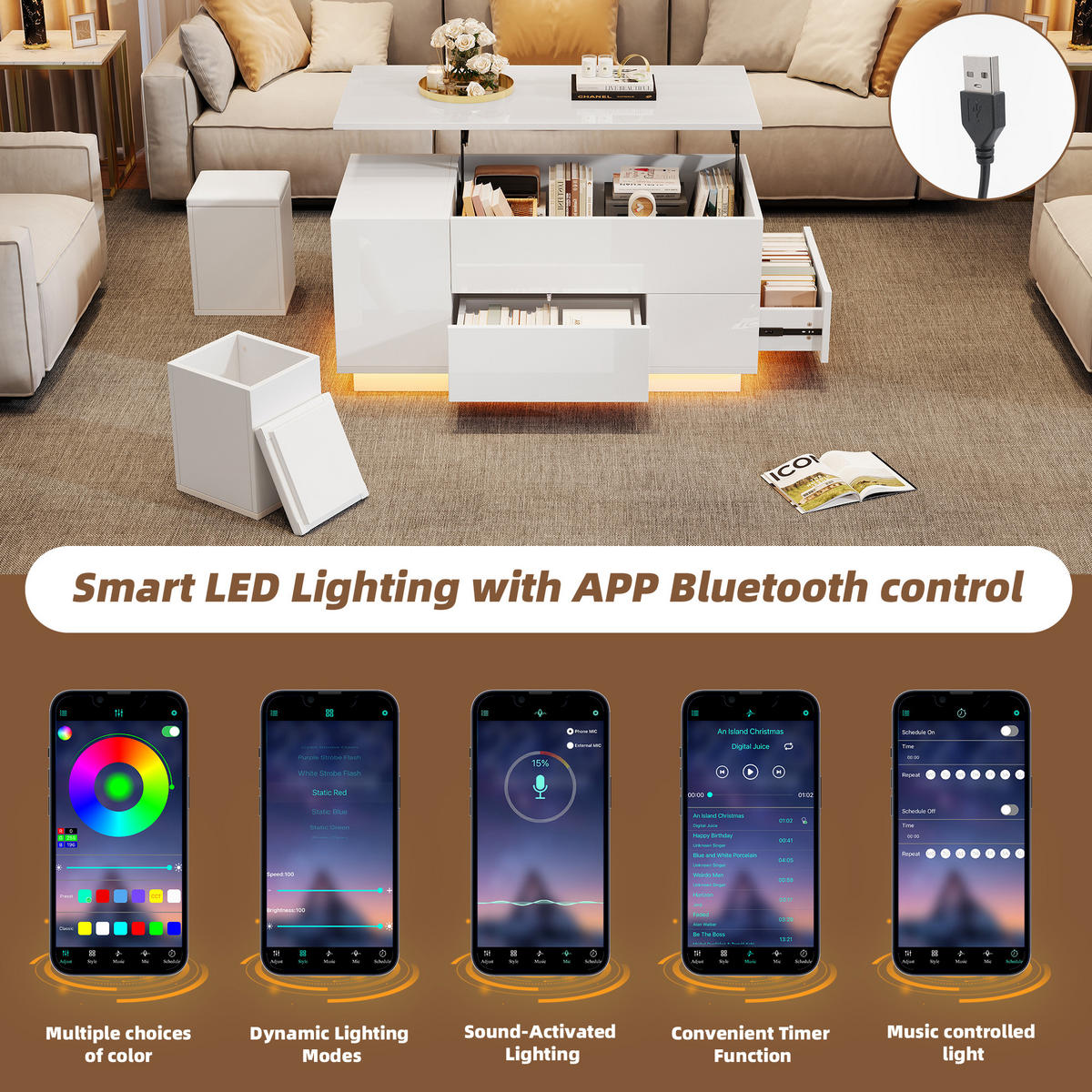 COUCHTISCH 100/50/45 cm Weiß aus Holzwerkstoff mit hydraulisch höhenverstellbarer Platte und LED - Weiß, Holzwerkstoff (100/50/45cm) - OKWISH