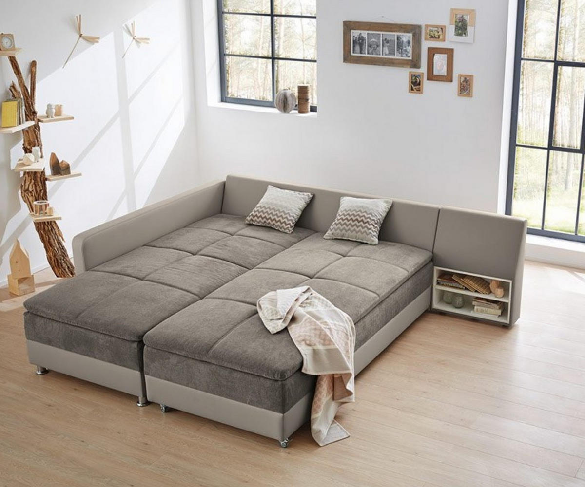 ECKSOFA-DAUERSCHLÄFER Doppelbett 306/223/95 cm Boxspring Federkern Topper, Schwenkteil rechts, Kunstleder Beige+Mikrofaser Grau Braun / 15102 - Chromfarben/Beige, Textil/Metall (306/223cm) - luma-home