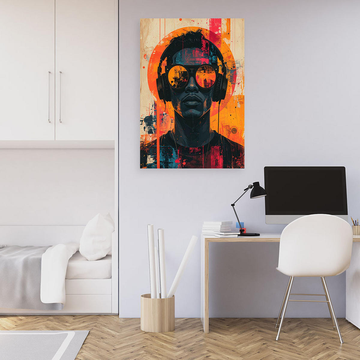 LEINWANDBILDER, Männliches Porträt mit Brille in orangefarbenem Pop-Art-Stil - Orange, Textil (70/100cm) - Feeby