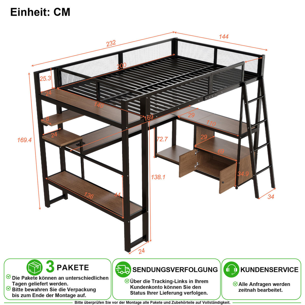 VYVÝŠENÁ POSTEL 140/200 cm v černé barvě s pracovním stolem, LED a nabíjením - černá, kov (140/200cm) - CHICFURN