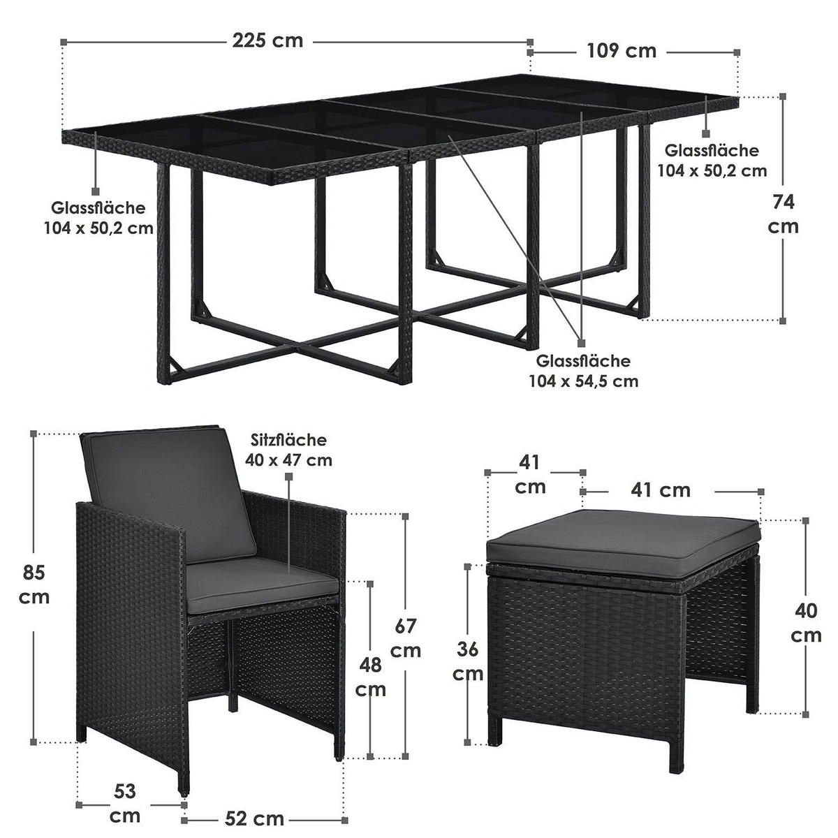 GARTENMÖBELSET Baracoa schwarz 13-tlg. - Schwarz, Kunststoff/Metall - Juskys