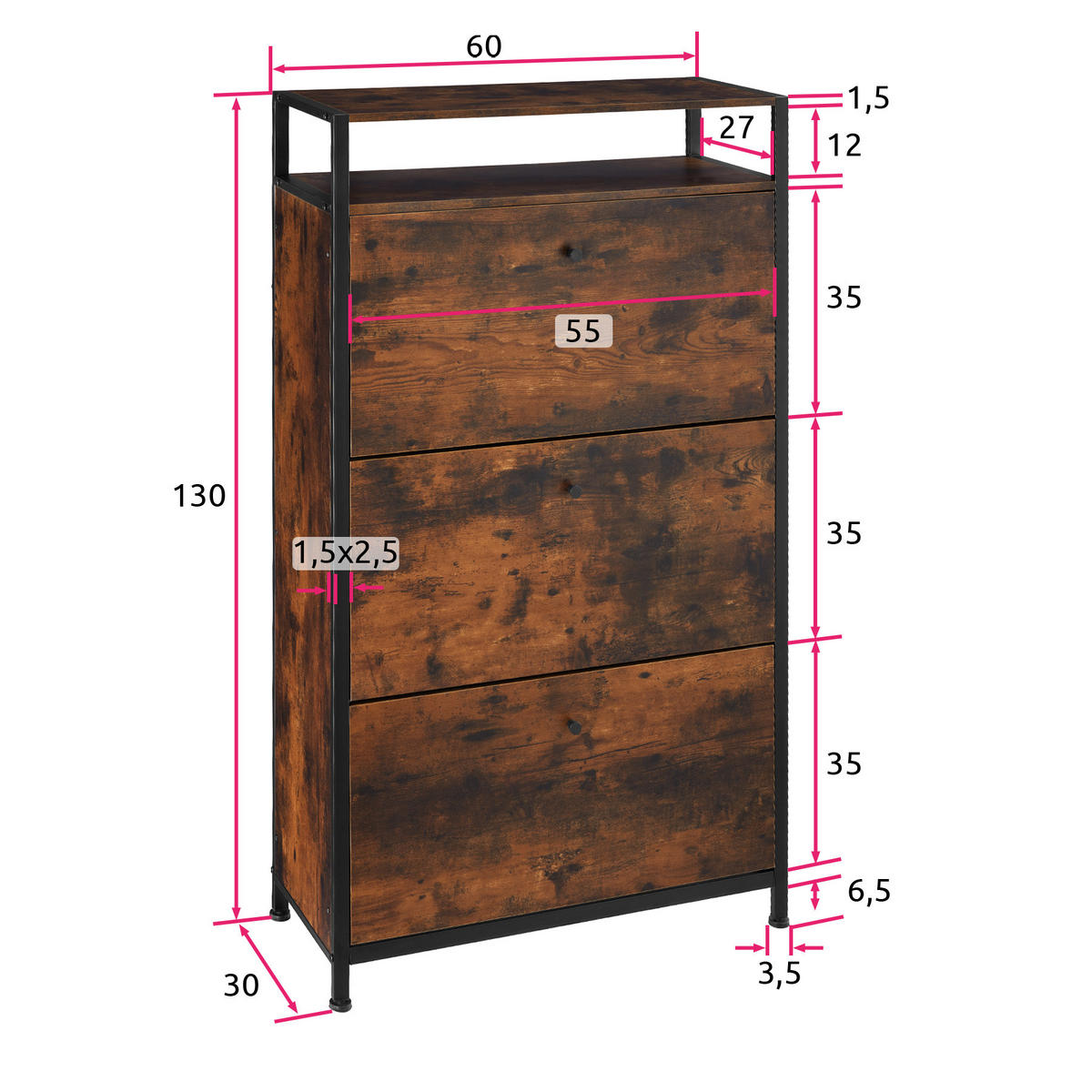SCHUHSCHRANK Braddock,inklusive Kippschutz, 61 x 32 x 130 cm,Industrial Holz dunkel, rustikal - Rostfarben, Holzwerkstoff (32/130/61cm) - tectake