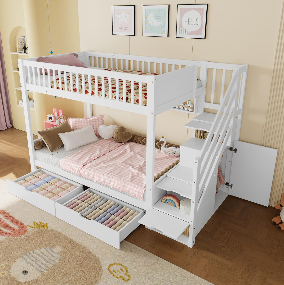 ETAGENBETT 90/200 cm Weiß mit Schublade und Kleiderschrank - Weiß, Holz (90/200cm) - OKWISH