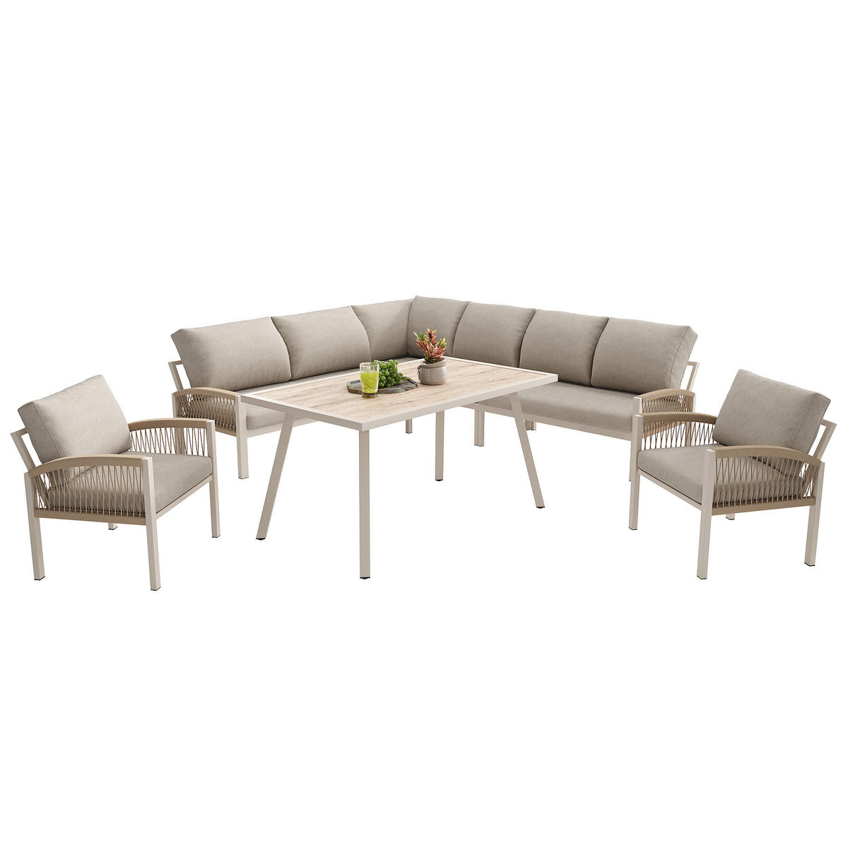 LOUNGEGARNITUR für 8 Personen mit Beigen Kissen,Wetterfest - Beige, Metall