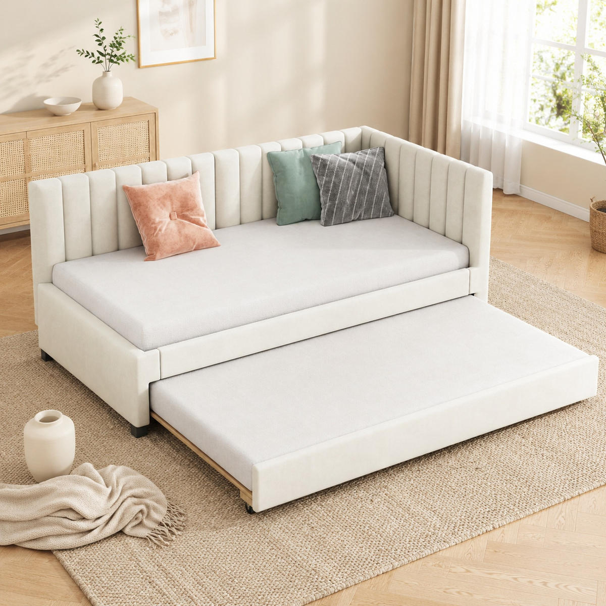 POLSTERBETT 90/200 mit ausziehbarem Bett, Lattenrost und Samtstoffbezug in Beige - Beige, Holzwerkstoff/Textil (90/200cm) - EVRYAE