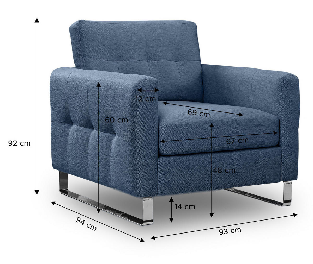 SESSEL blau Flachgewebe 93 x 94 cm, Clubsessel mit Steppoptik - Blau/Chromfarben, Holz/Textil (93/92/94cm) - Inn.Furn