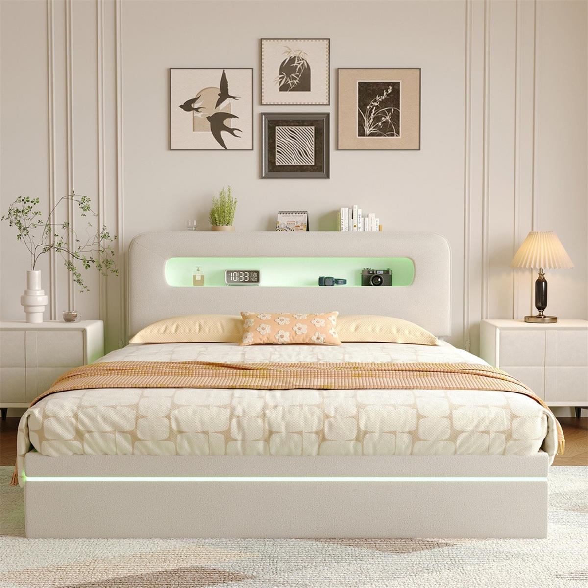 POLSTERBETT 140x200cm mit hydraulischer Hebefunktion und LED-Beleuchtung - ohne Matratze - Beige - Beige, Textil (140/200cm) - DELFA